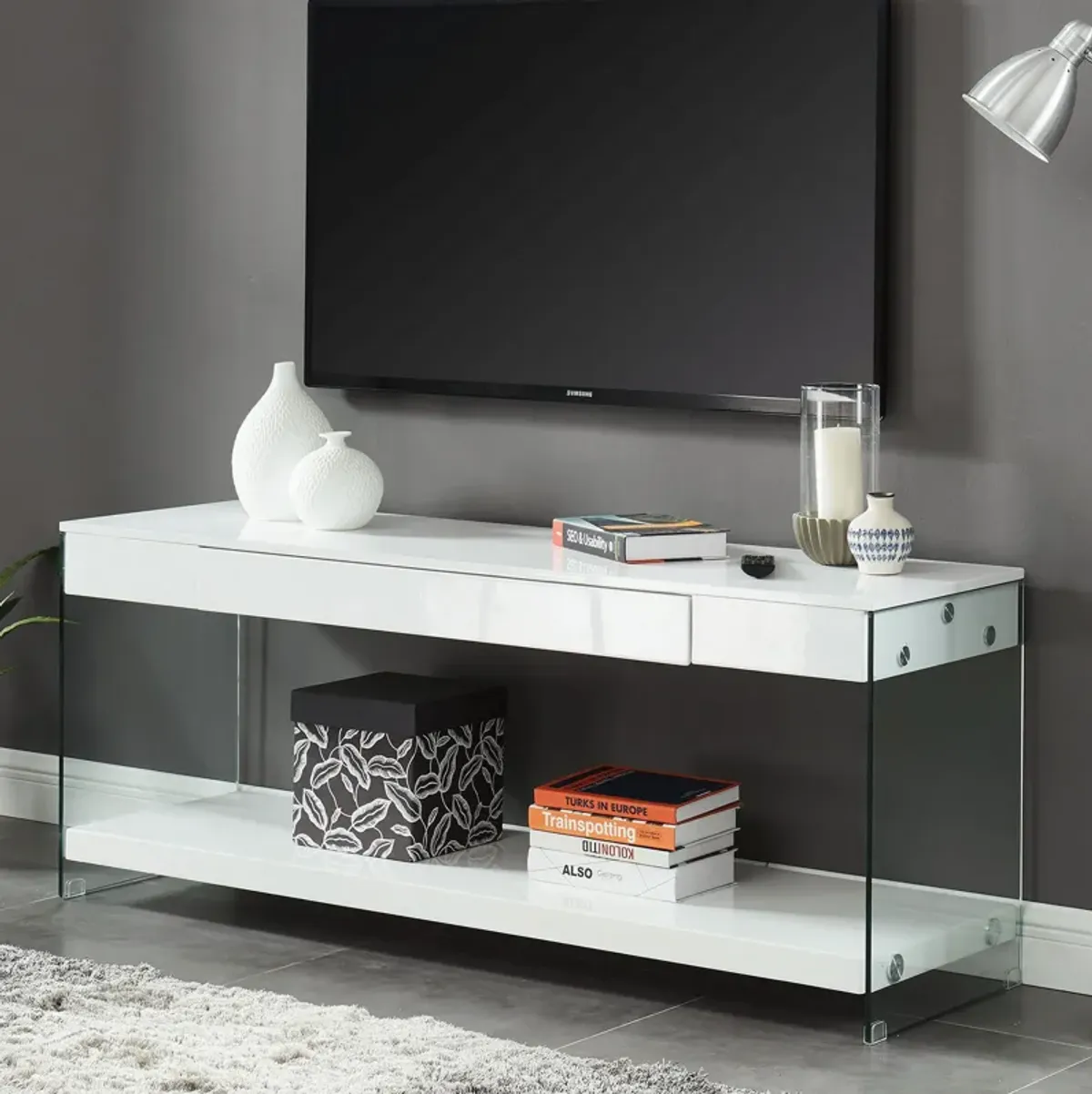 Contemporary Style Plastic TV Stand with Glass Side Panels, White-Benzara