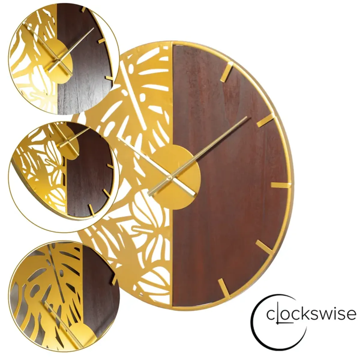 23.6” Modern Round Big Wall Clock, Decorative brown wood and gold Metal with Leaf Cutout Oversize Timepiece for Entryway Office Living Room Bedroom or Kitchen, Hanging Supplies Included, Home Decor