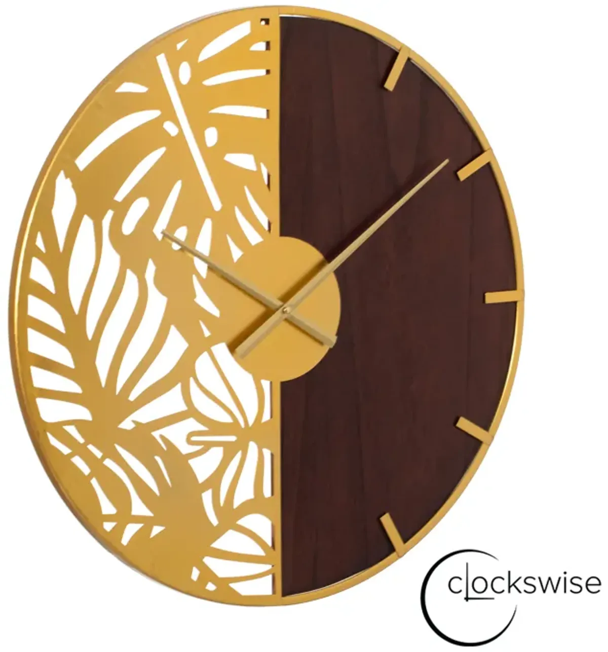 23.6” Modern Round Big Wall Clock, Decorative brown wood and gold Metal with Leaf Cutout Oversize Timepiece for Entryway Office Living Room Bedroom or Kitchen, Hanging Supplies Included, Home Decor