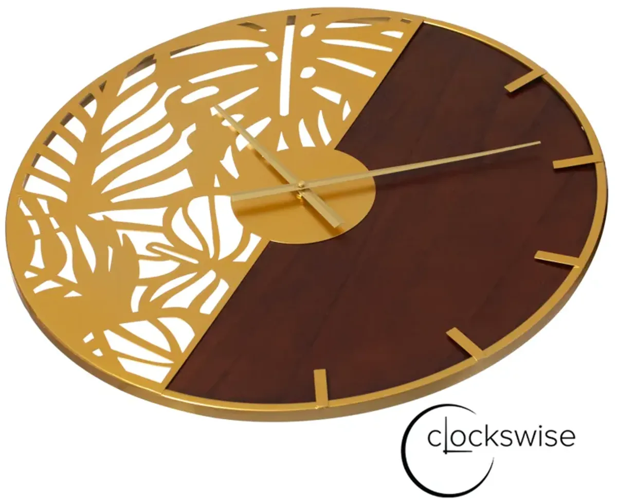 23.6” Modern Round Big Wall Clock, Decorative brown wood and gold Metal with Leaf Cutout Oversize Timepiece for Entryway Office Living Room Bedroom or Kitchen, Hanging Supplies Included, Home Decor