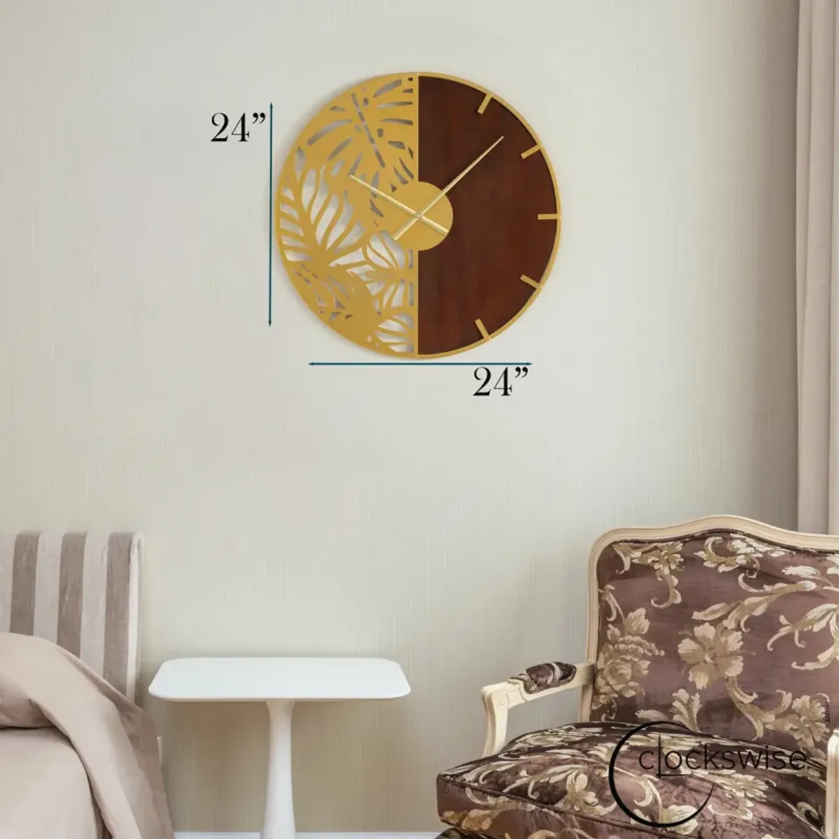 23.6” Modern Round Big Wall Clock, Decorative brown wood and gold Metal with Leaf Cutout Oversize Timepiece for Entryway Office Living Room Bedroom or Kitchen, Hanging Supplies Included, Home Decor