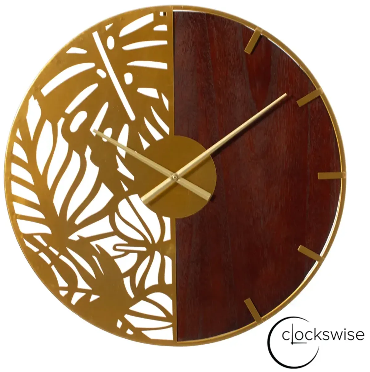 23.6” Modern Round Big Wall Clock, Decorative brown wood and gold Metal with Leaf Cutout Oversize Timepiece for Entryway Office Living Room Bedroom or Kitchen, Hanging Supplies Included, Home Decor