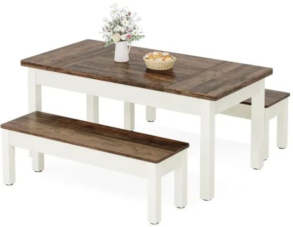 Tribesigns 3 Pieces Dining Table Set with 2 Benches, 55-Inch Wood Kitchen Table Set for 4-6, Farmhouse Space-Saving Dinette for Kitchen, Dining Room (Brown&White)