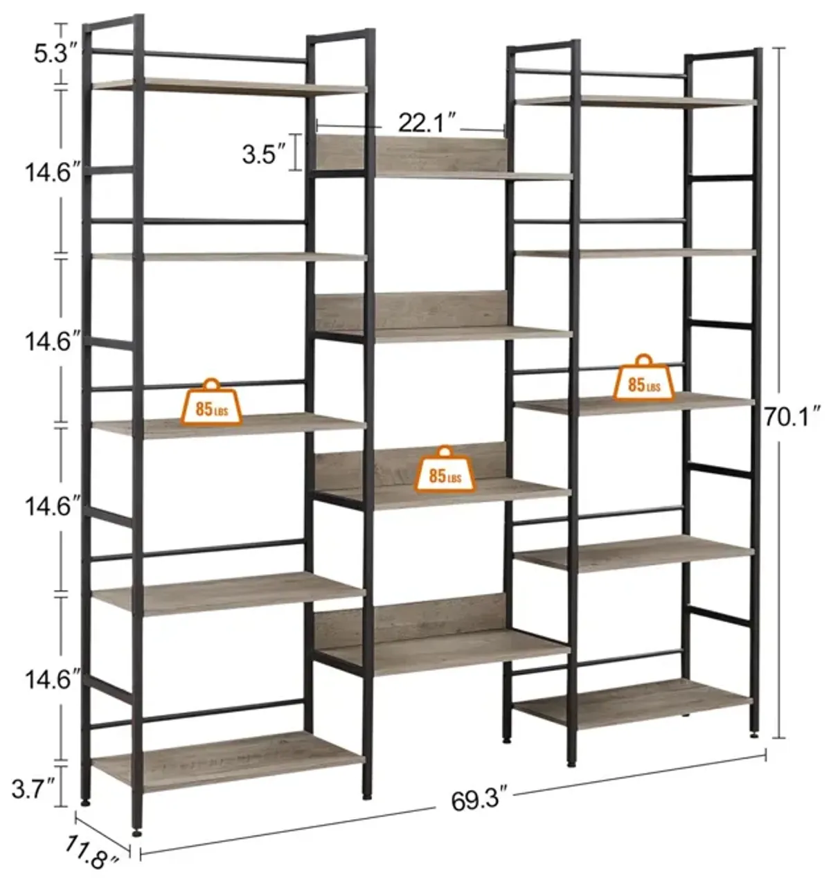 Retro Industrial Triple Wide Bookshelves, Grey, 69.3"W x 11.8"D x 70.1"H