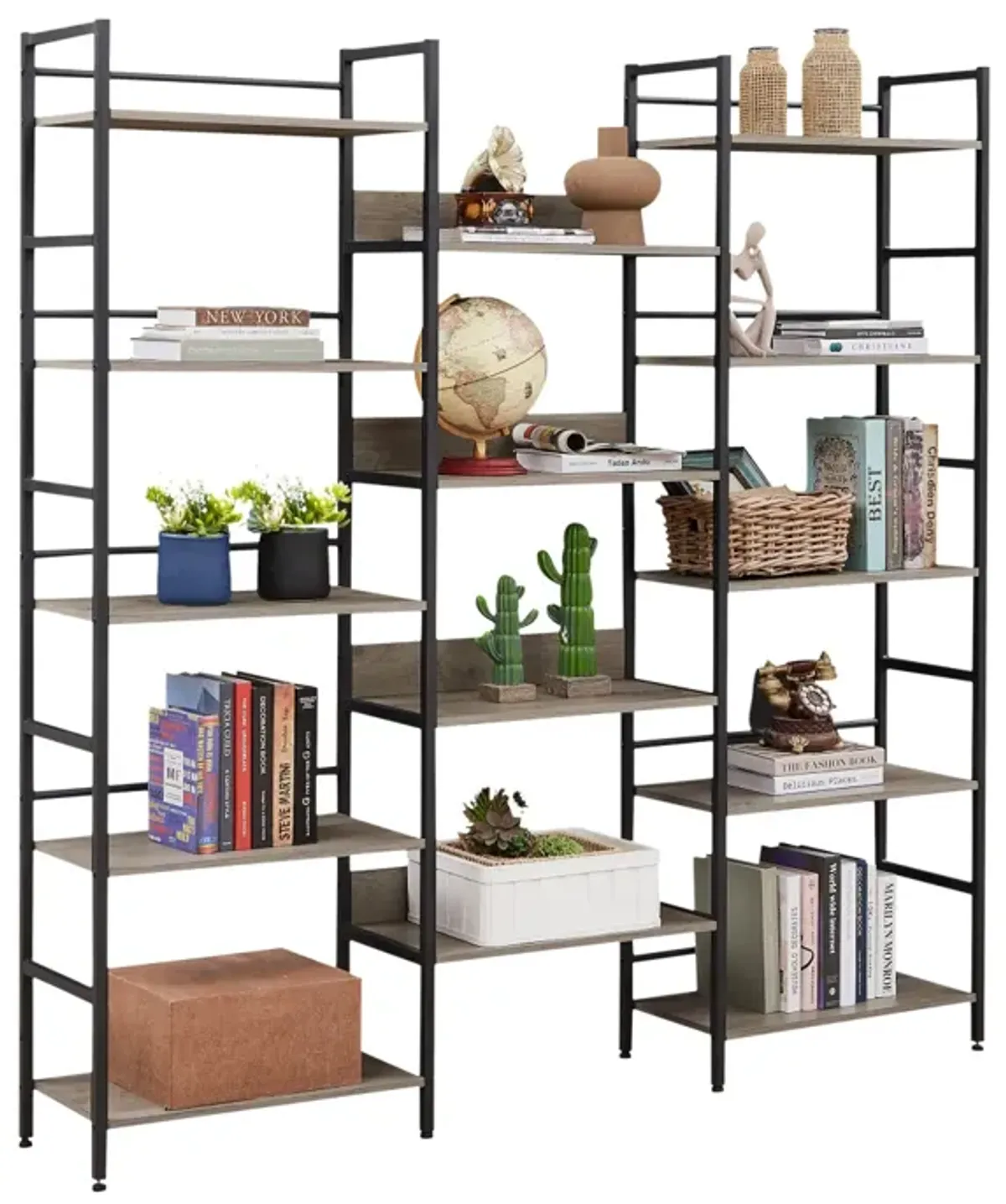 Retro Industrial Triple Wide Bookshelves, Grey, 69.3"W x 11.8"D x 70.1"H