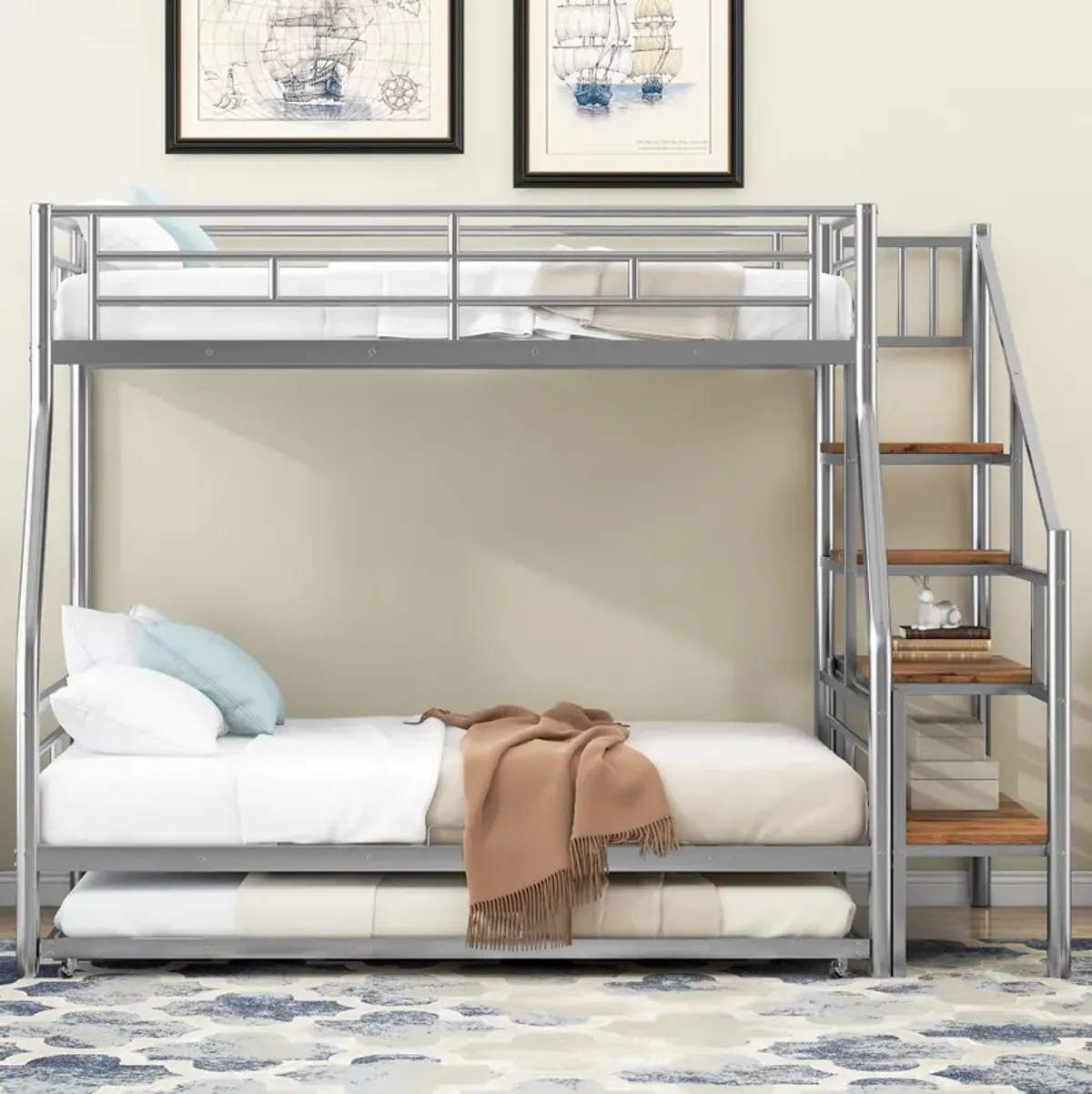 Merax Metal Bunk Bed with Trundle and Storage Staircase