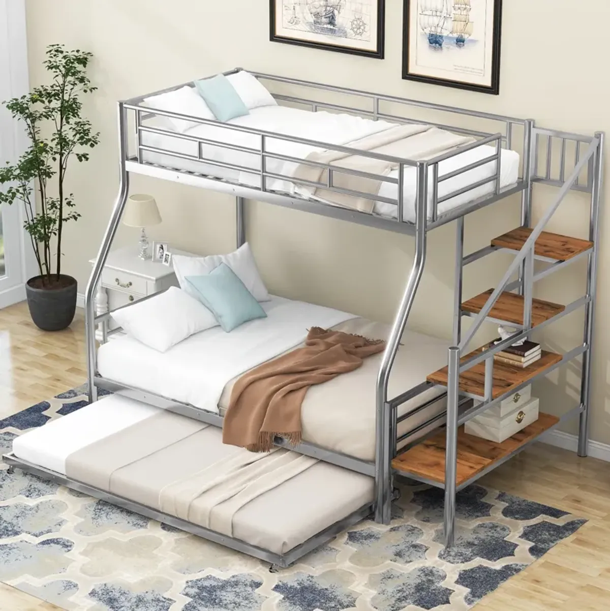 Merax Metal Bunk Bed with Trundle and Storage Staircase