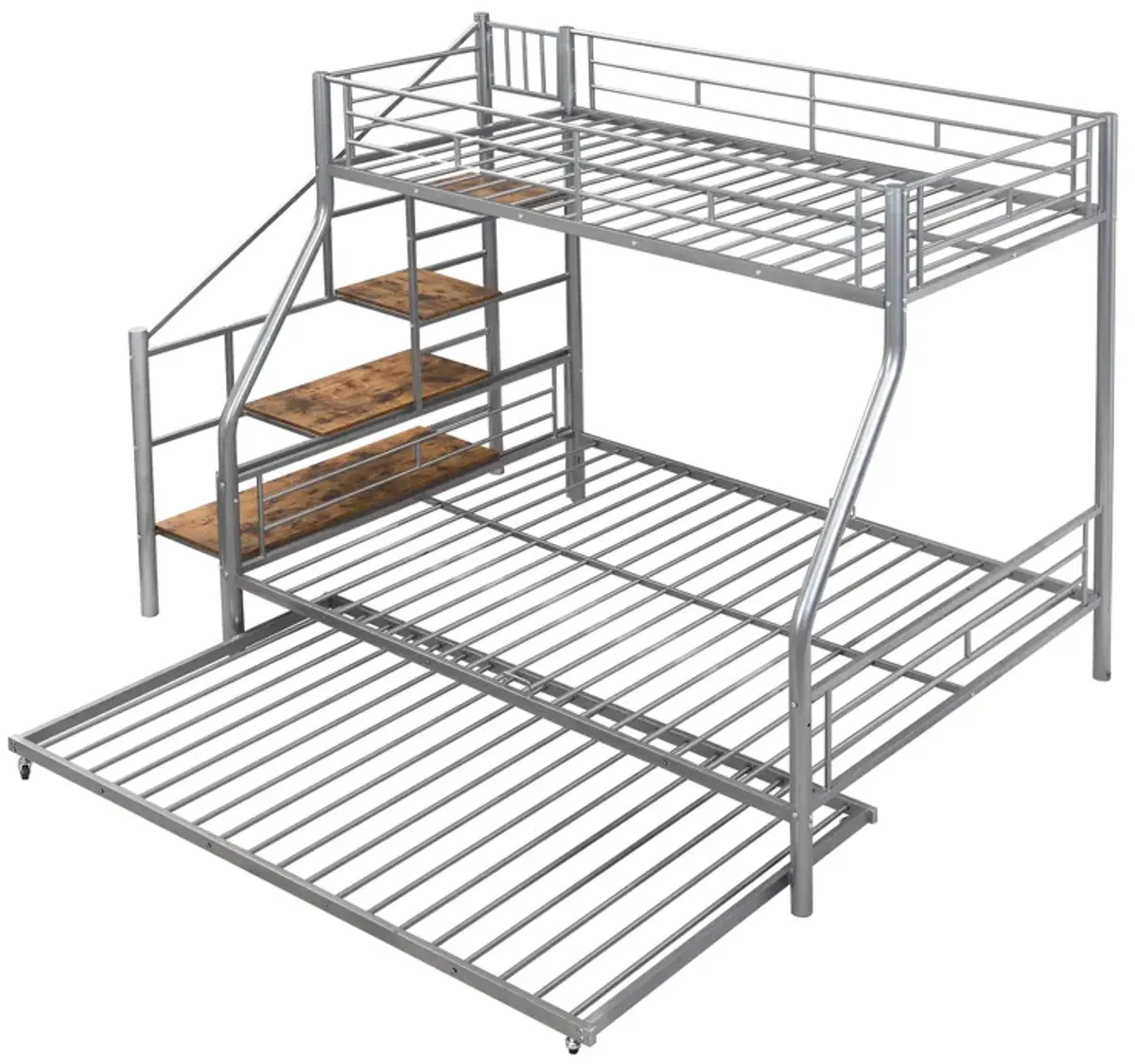 Merax Metal Bunk Bed with Trundle and Storage Staircase