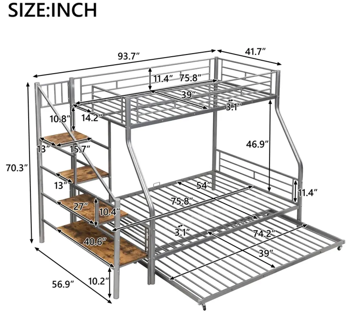 Merax Metal Bunk Bed with Trundle and Storage Staircase