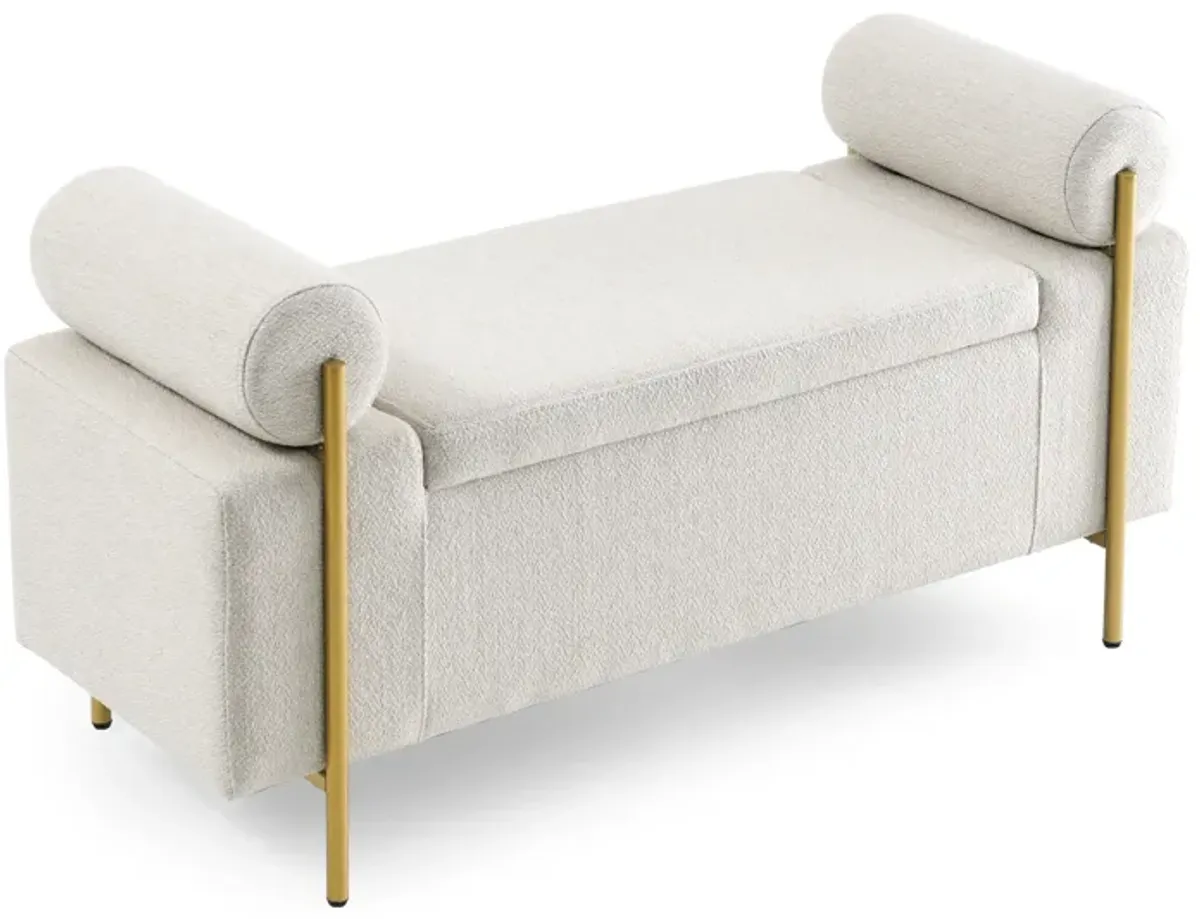 Hivvago Elegant Upholstered Linen Storage Bench with Cylindrical Arms and Iron Legs