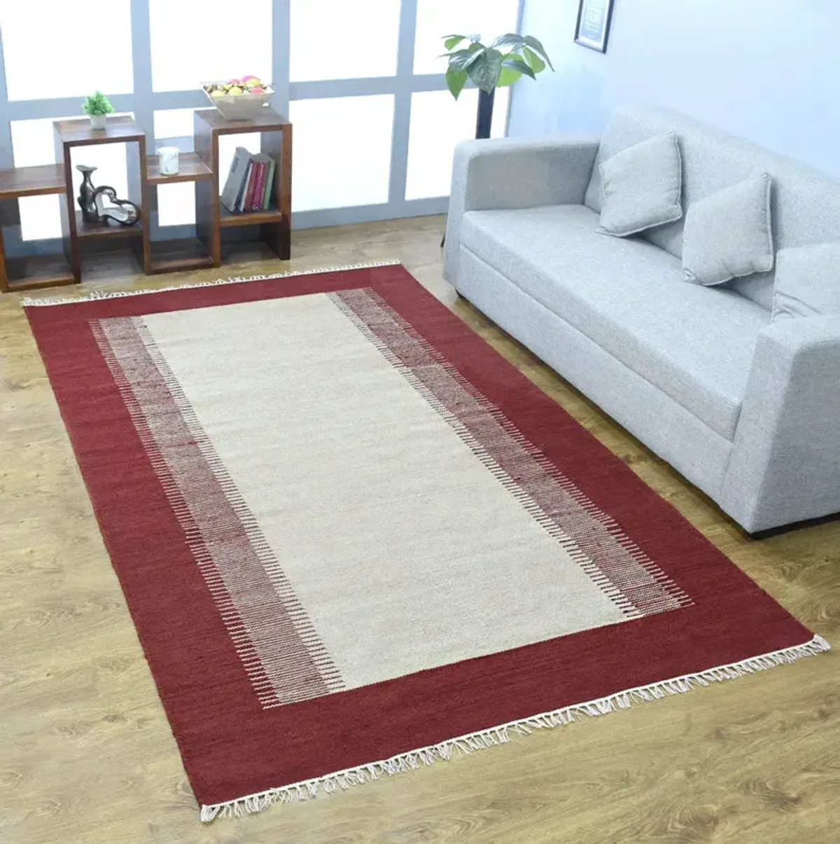 RUGSOTIC CARPETS HAND WOVEN FLAT WEAVE KILIM WOOL ECO-FRIENDLY AREA RUGS  - 10'x13', Rectangle Shape, Cream Wine Color, Contemporary Modern Design, Low Pile Handmade Rugs for Living Room (D00123)