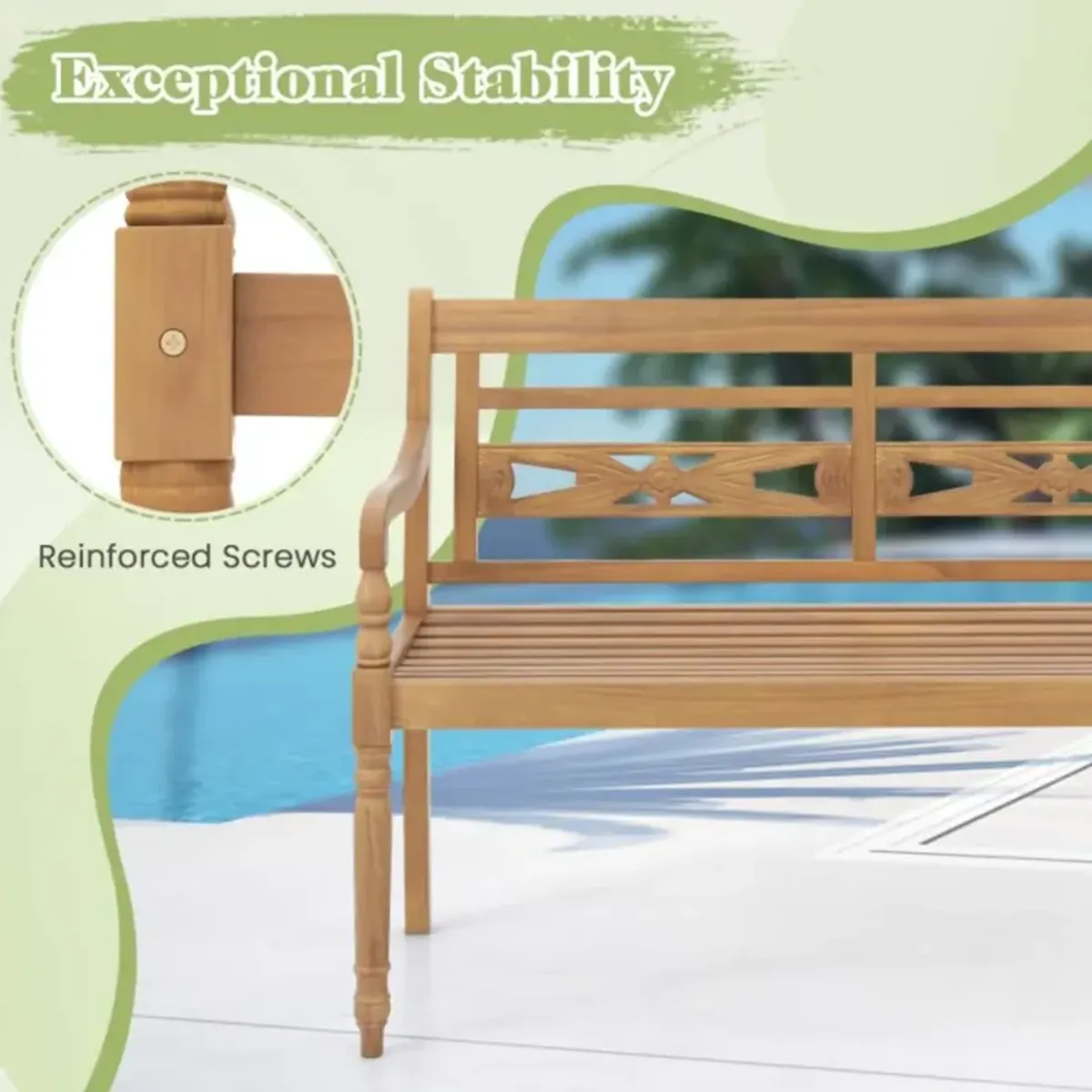 Hivvago 2-Person Teak Wood Patio Bench with Wide Backrest and Curved Armrests