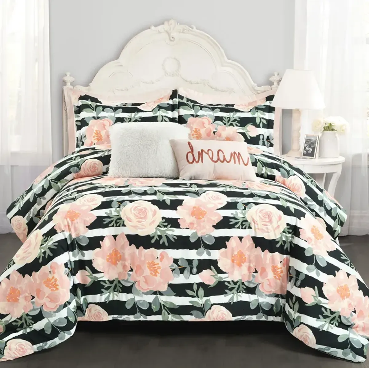 Amara Watercolor Rose Comforter Black/Dusty Rose 7Pc Set King