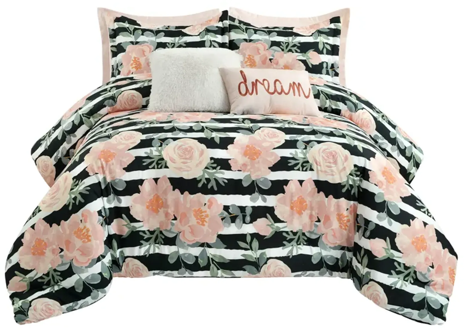 Amara Watercolor Rose Comforter Black/Dusty Rose 7Pc Set King