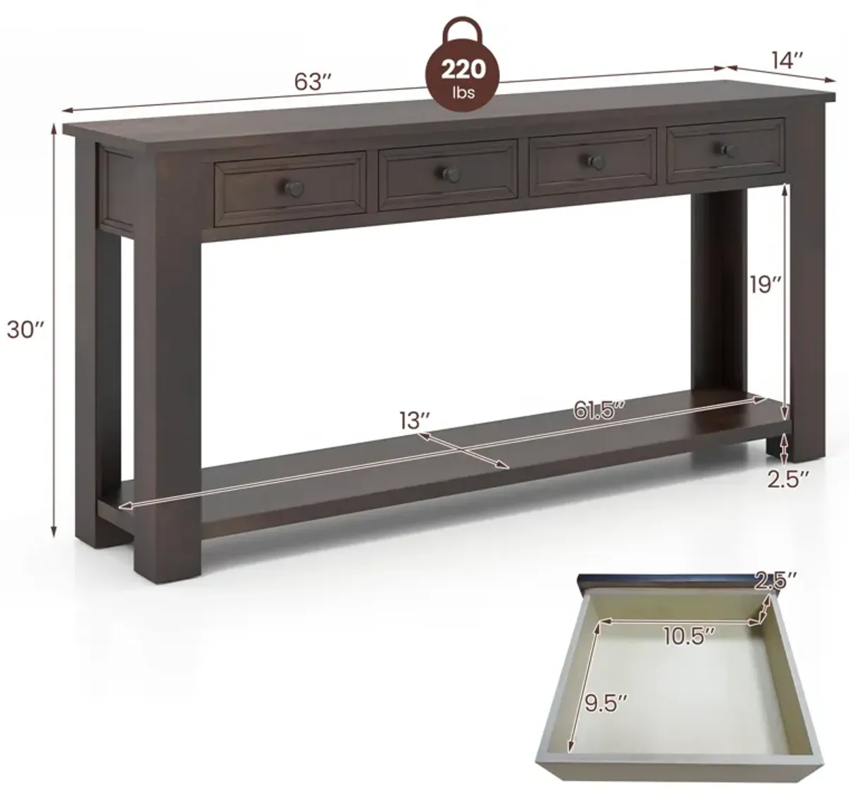 63-Inch Farmhouse Entryway Table with 4 Storage Drawers and Open Shelf for Home Organization