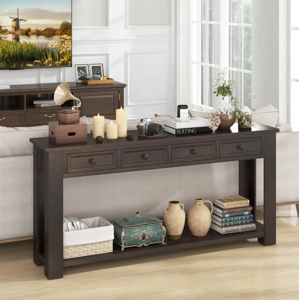 63-Inch Farmhouse Entryway Table with 4 Storage Drawers and Open Shelf for Home Organization