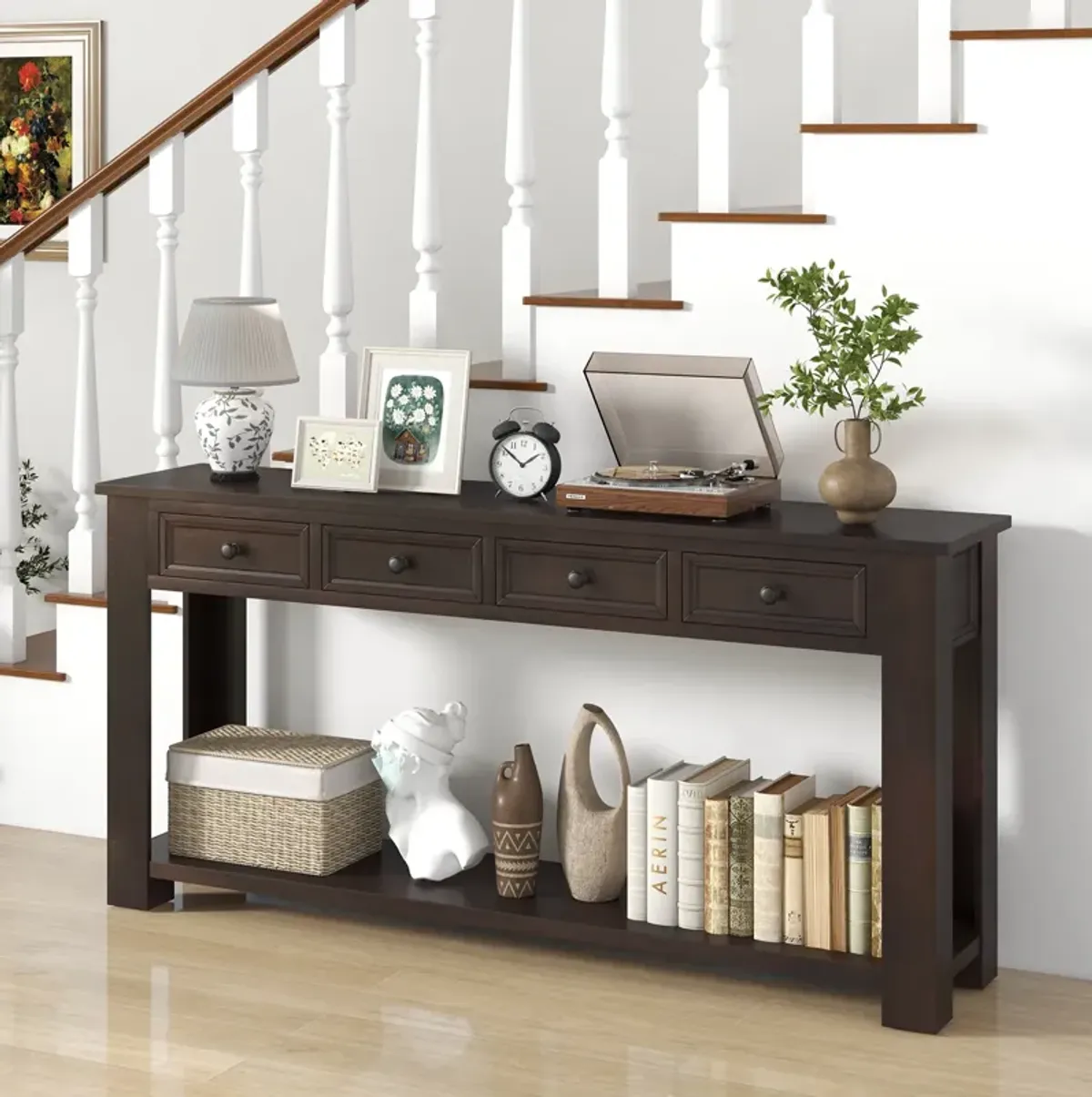 63-Inch Farmhouse Entryway Table with 4 Storage Drawers and Open Shelf for Home Organization