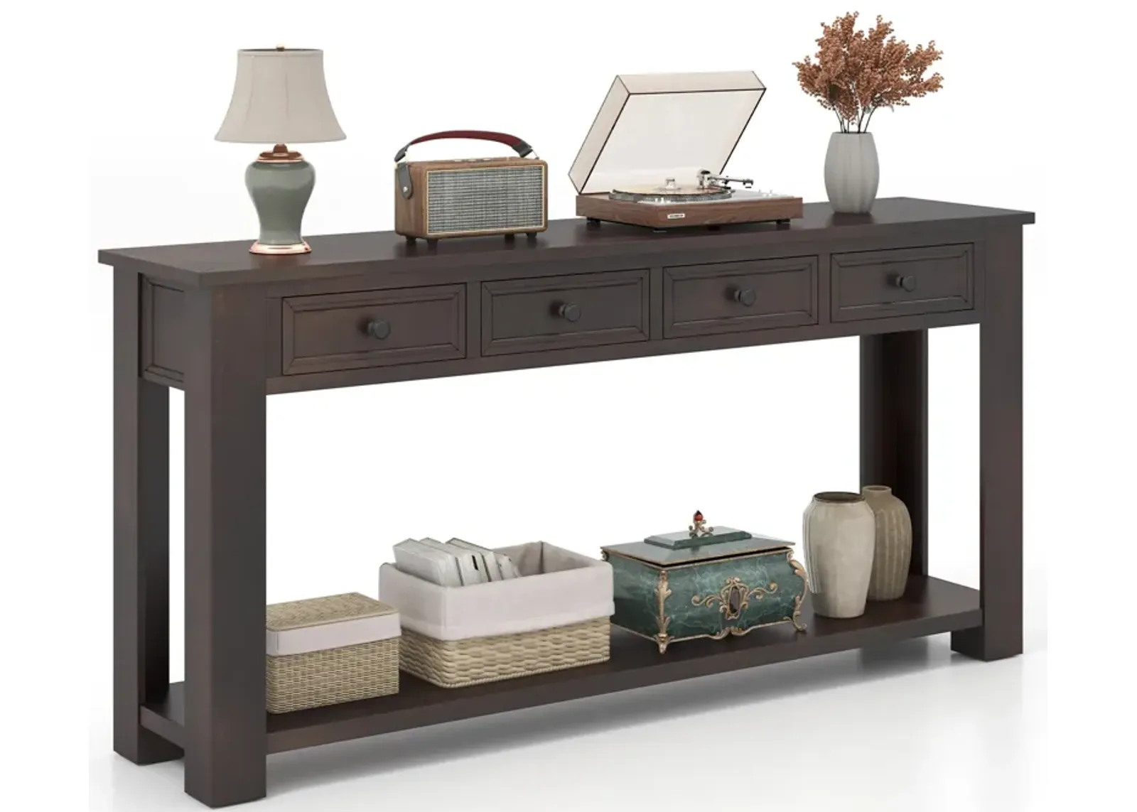 63-Inch Farmhouse Entryway Table with 4 Storage Drawers and Open Shelf for Home Organization