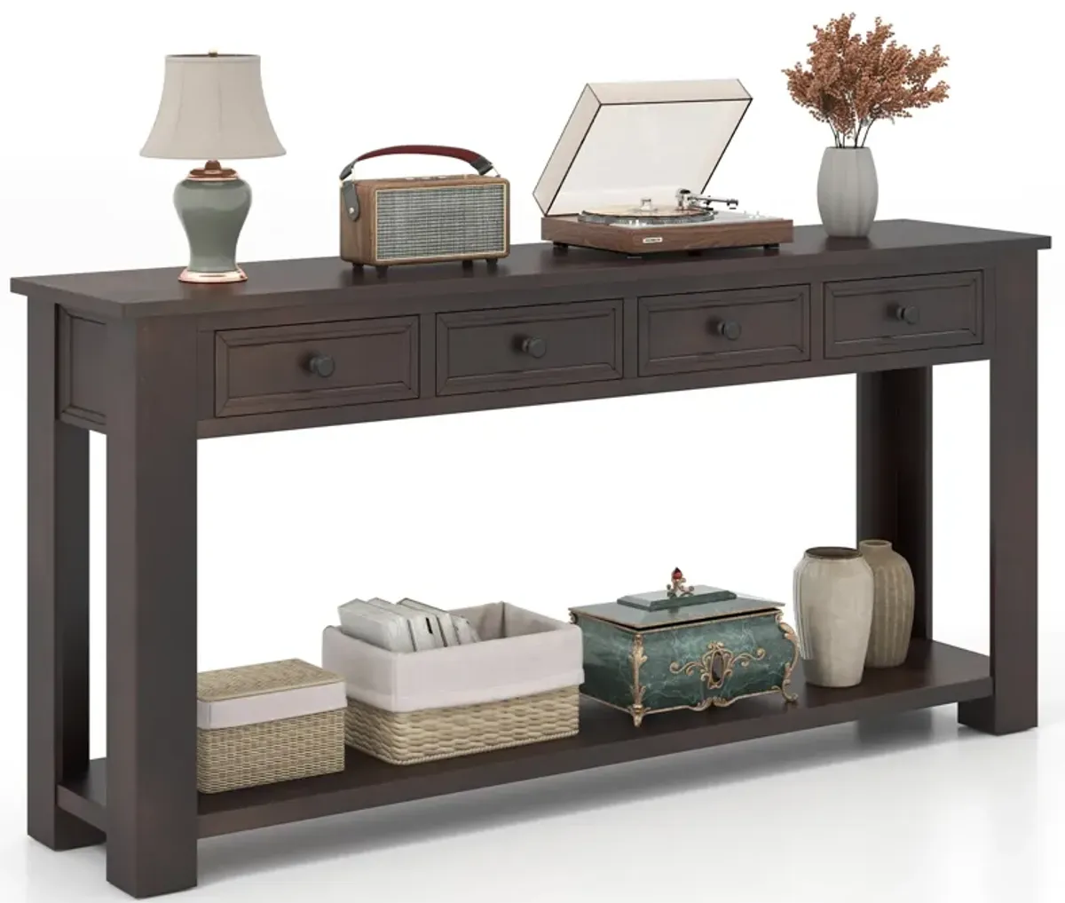 63-Inch Farmhouse Entryway Table with 4 Storage Drawers and Open Shelf for Home Organization