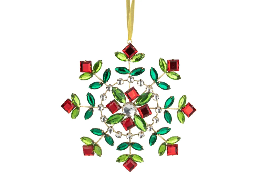 6.5" Green and Red Gem Stone Flowers Snowflake Christmas Ornament