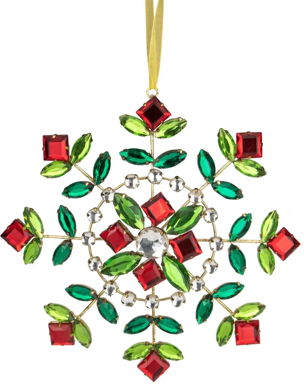 6.5" Green and Red Gem Stone Flowers Snowflake Christmas Ornament