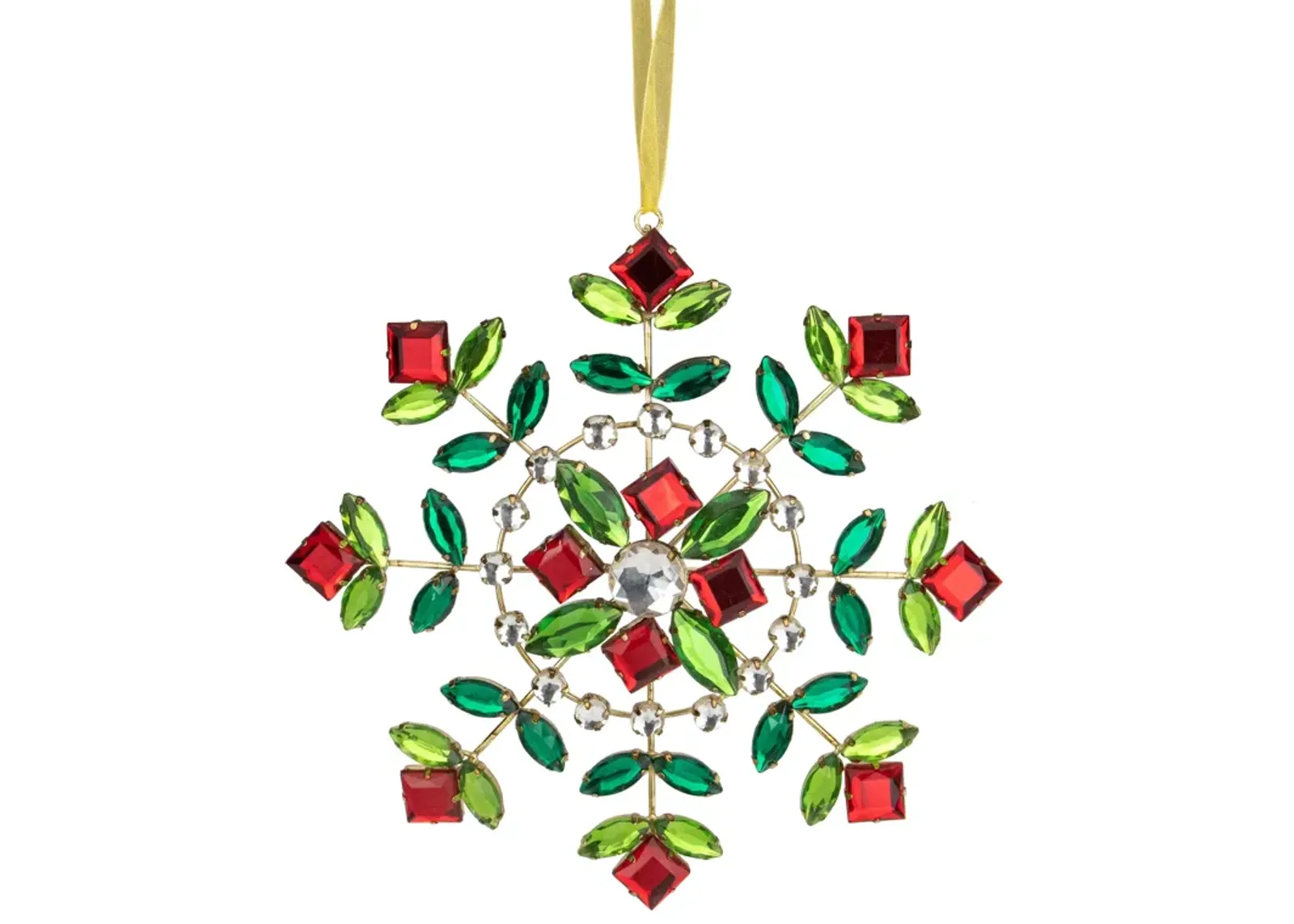 6.5" Green and Red Gem Stone Flowers Snowflake Christmas Ornament