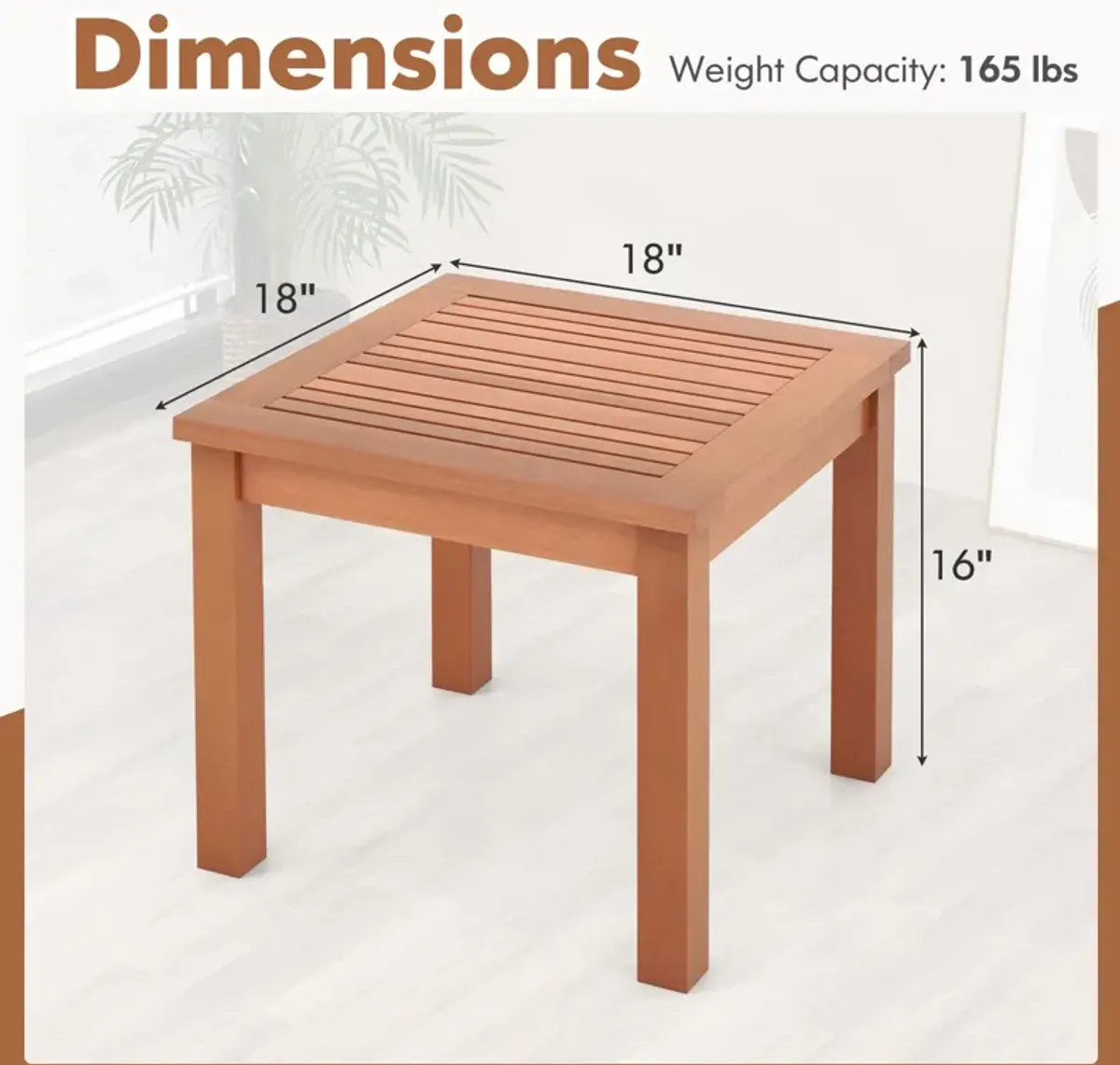 18 Inch Square End Outdoor Adirondack Side Table with Slatted Tabletop