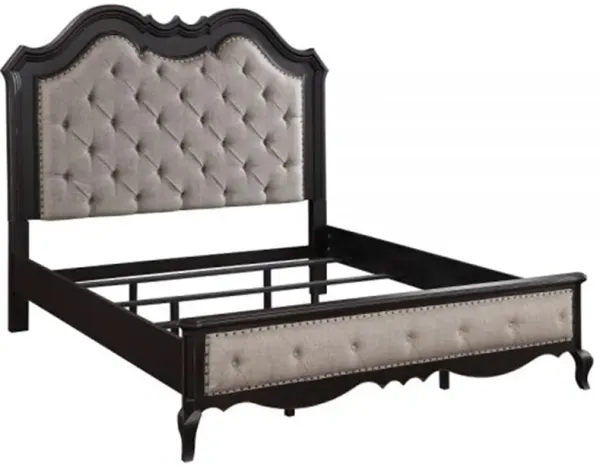 Benjara Chery California King Bed, Button Tufted Headboard, Fabric, Beige, Black