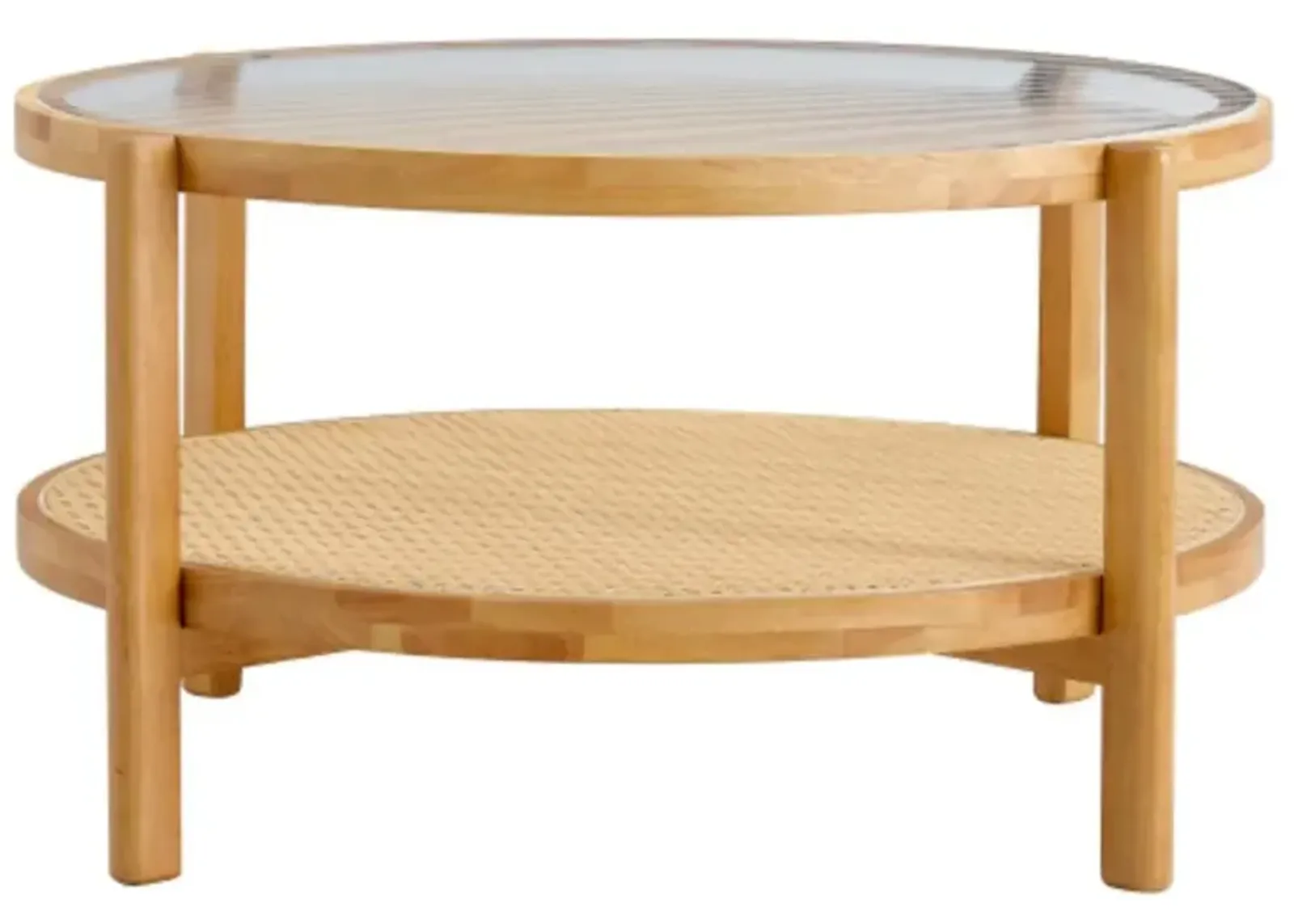 Modern simple circular double-layer solid wood tea table rattan woven Chinese side table small round table suitable for living room, dining room and bedroom