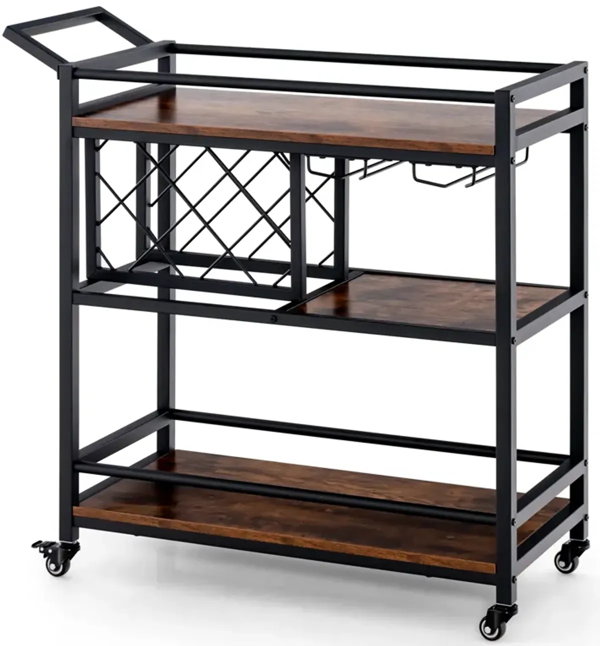 3-tier Bar Cart on Wheels Home Kitchen Serving Cart with Wine Rack and Glasses Holder