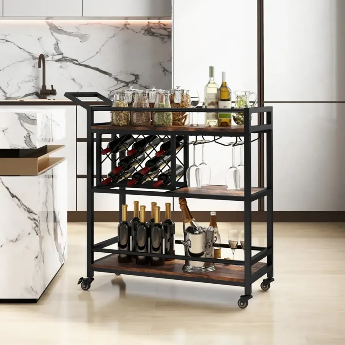 3-tier Bar Cart on Wheels Home Kitchen Serving Cart with Wine Rack and Glasses Holder