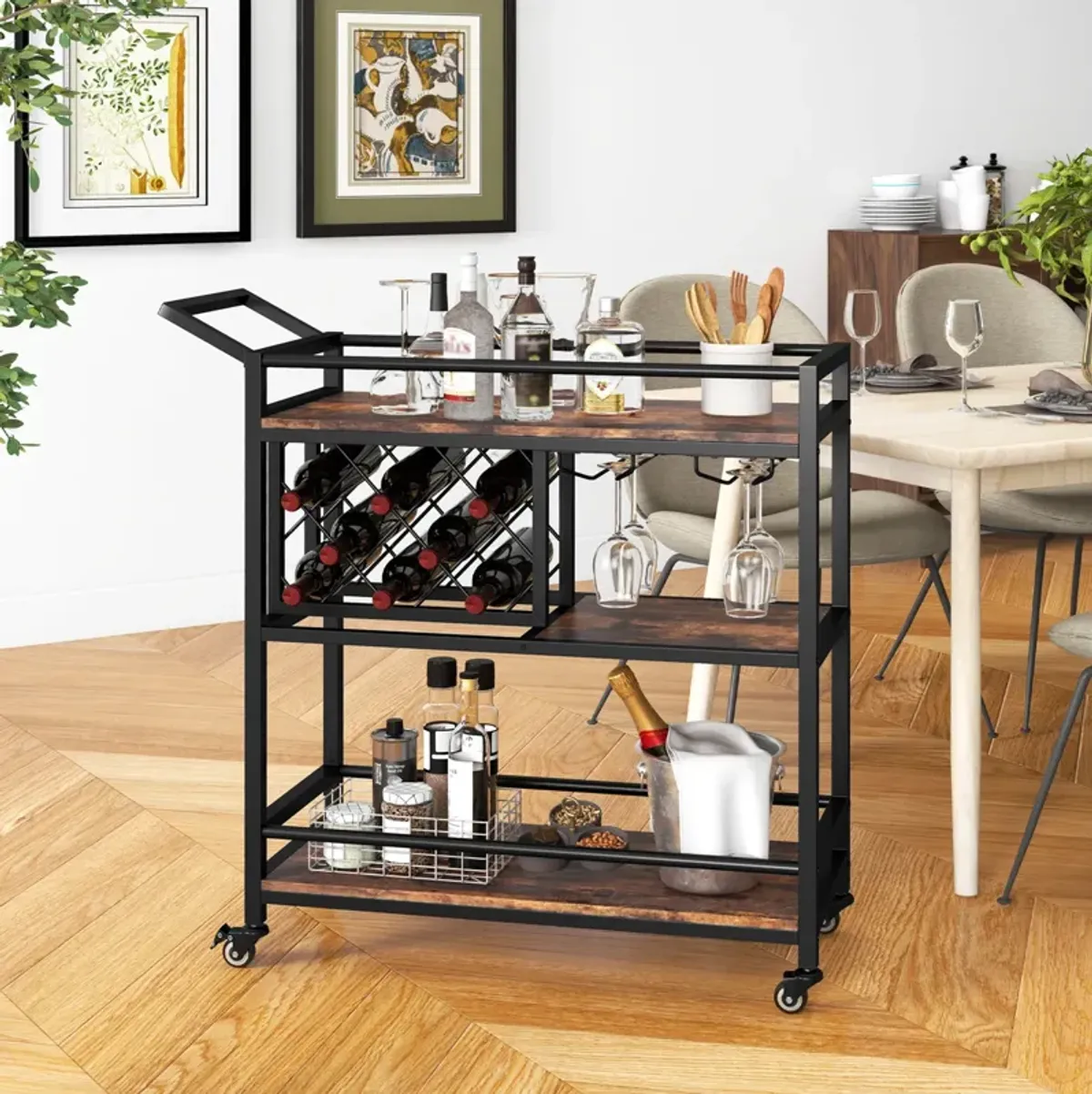 3-tier Bar Cart on Wheels Home Kitchen Serving Cart with Wine Rack and Glasses Holder