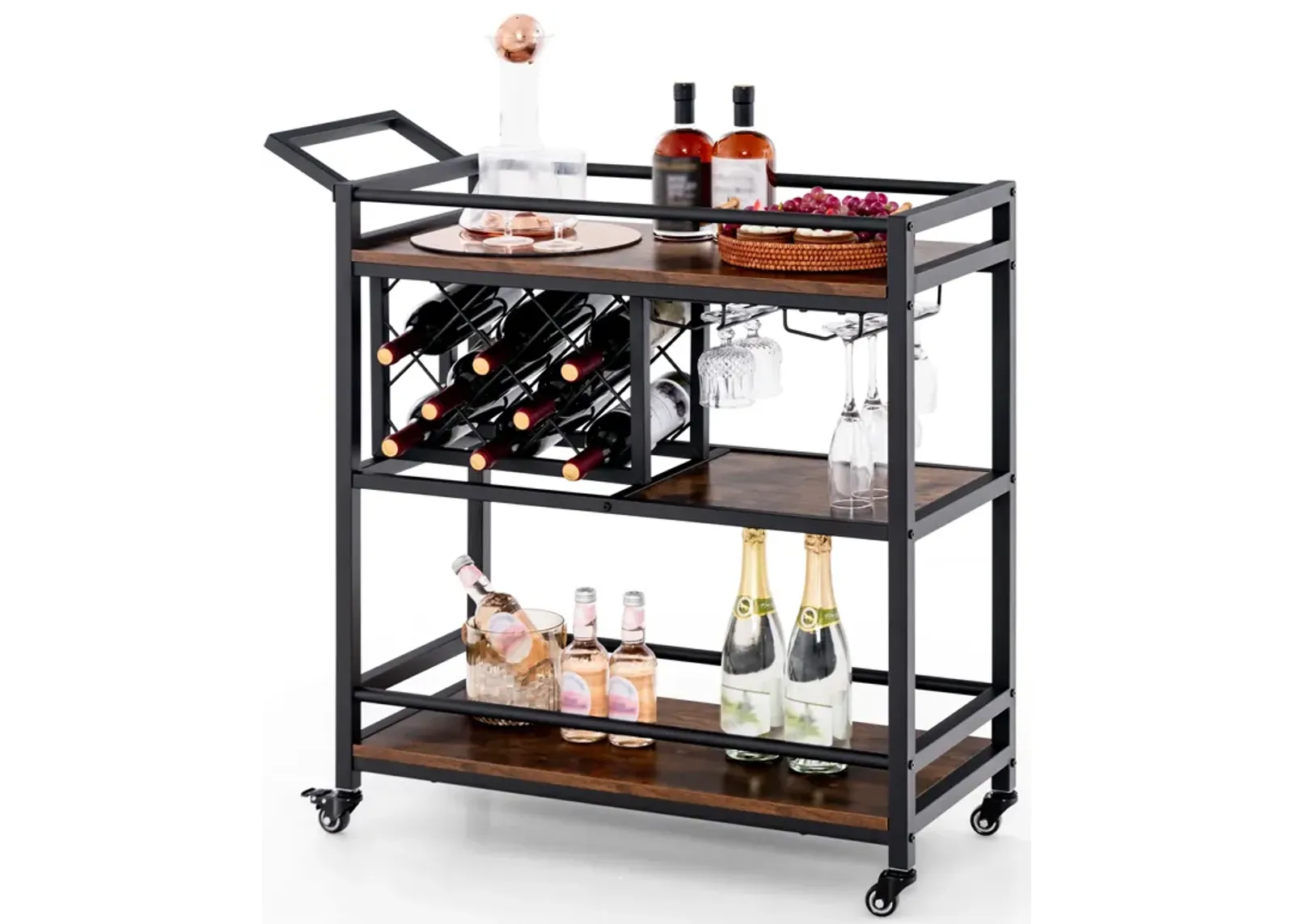 3-tier Bar Cart on Wheels Home Kitchen Serving Cart with Wine Rack and Glasses Holder