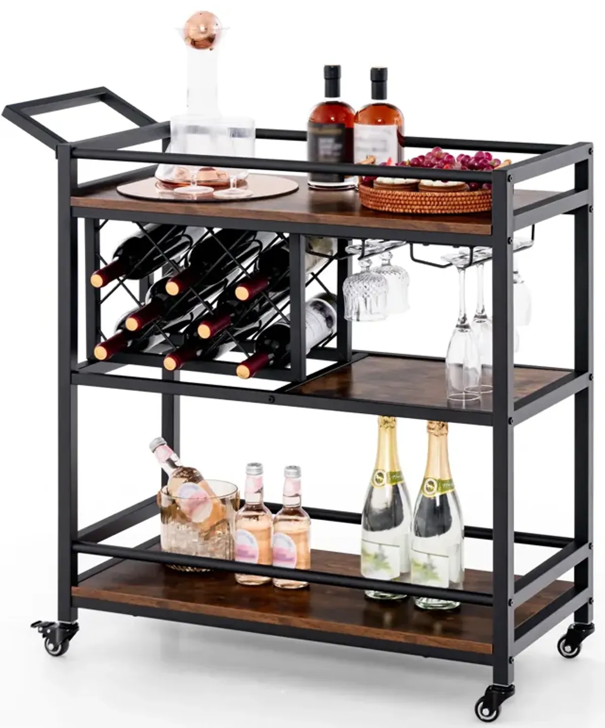 3-tier Bar Cart on Wheels Home Kitchen Serving Cart with Wine Rack and Glasses Holder