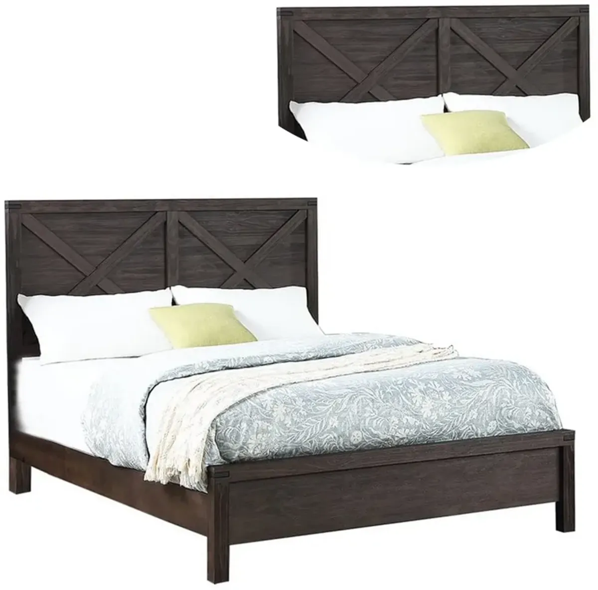 Yale Platform Queen Size Bed, Crossed Accent Panel, Dark Walnut Brown - Benzara