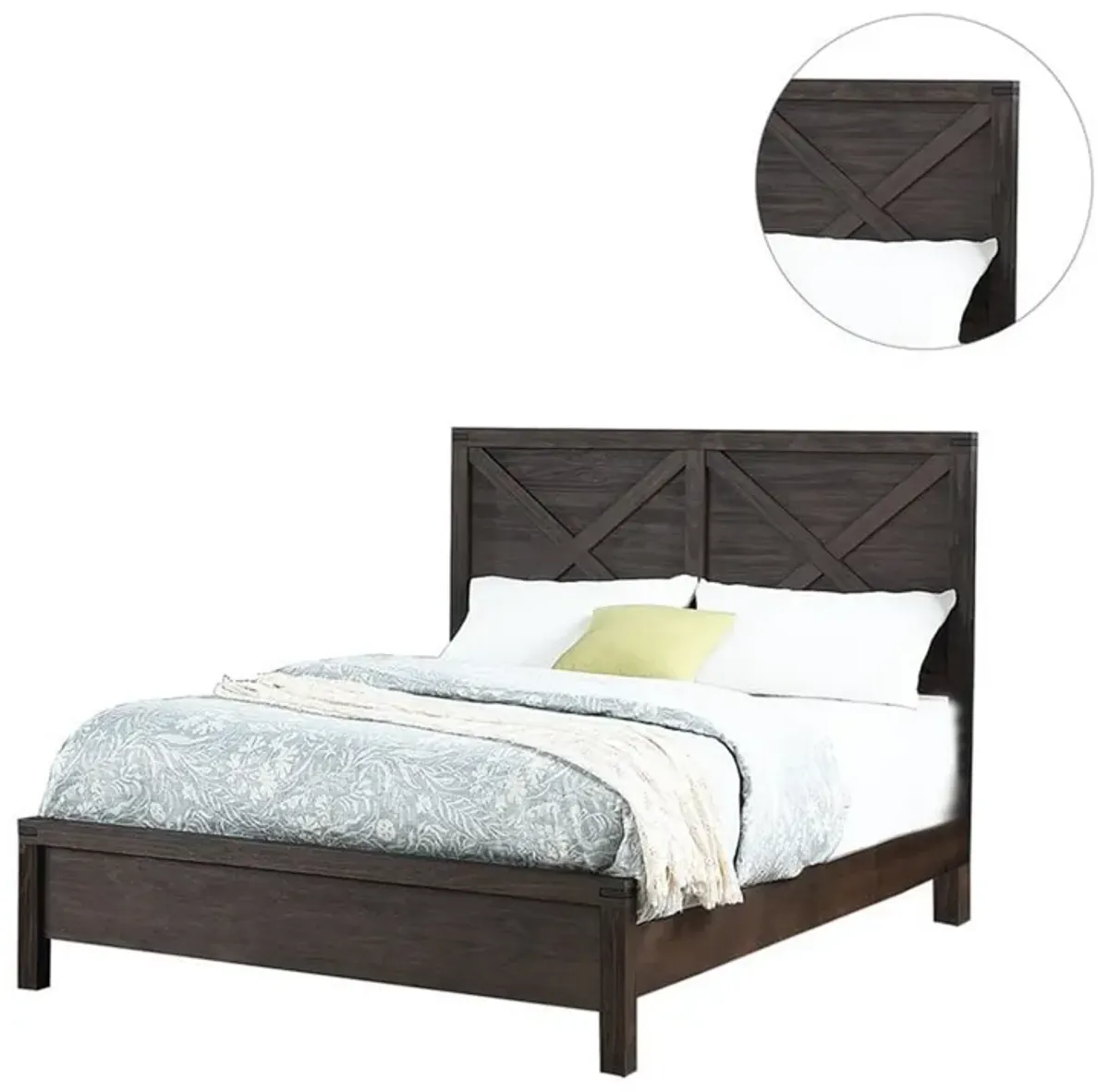 Yale Platform Queen Size Bed, Crossed Accent Panel, Dark Walnut Brown - Benzara