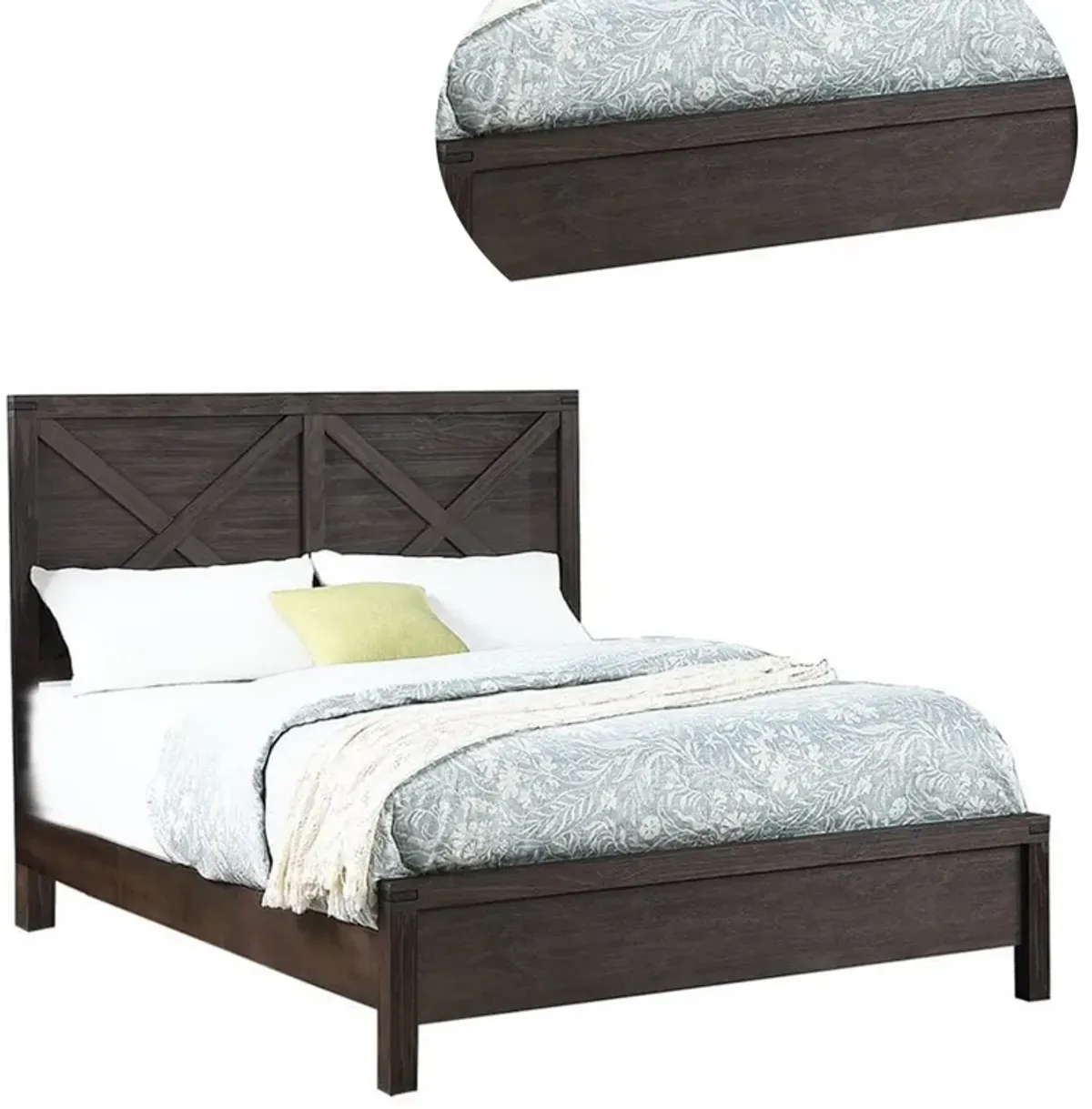 Yale Platform Queen Size Bed, Crossed Accent Panel, Dark Walnut Brown - Benzara