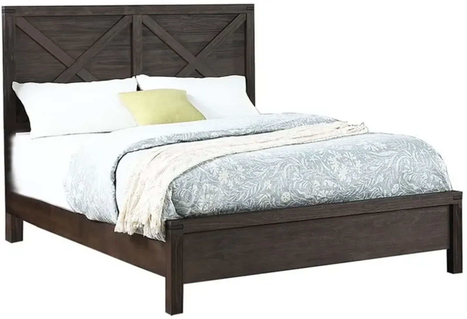 Yale Platform Queen Size Bed, Crossed Accent Panel, Dark Walnut Brown - Benzara