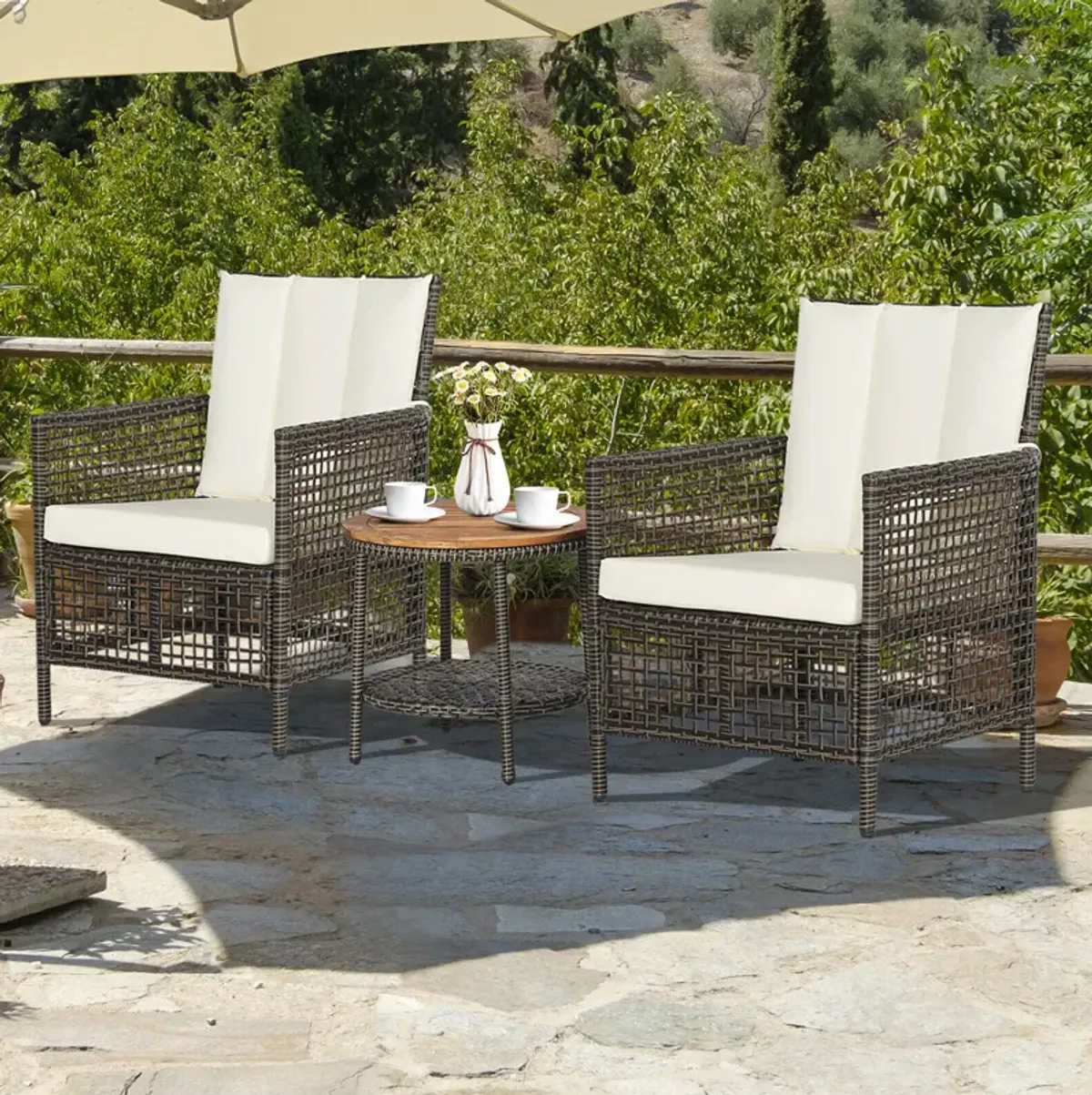 3 Pieces Patio Rattan Furniture Set with Cushioned Sofas and Wood Table Top-White