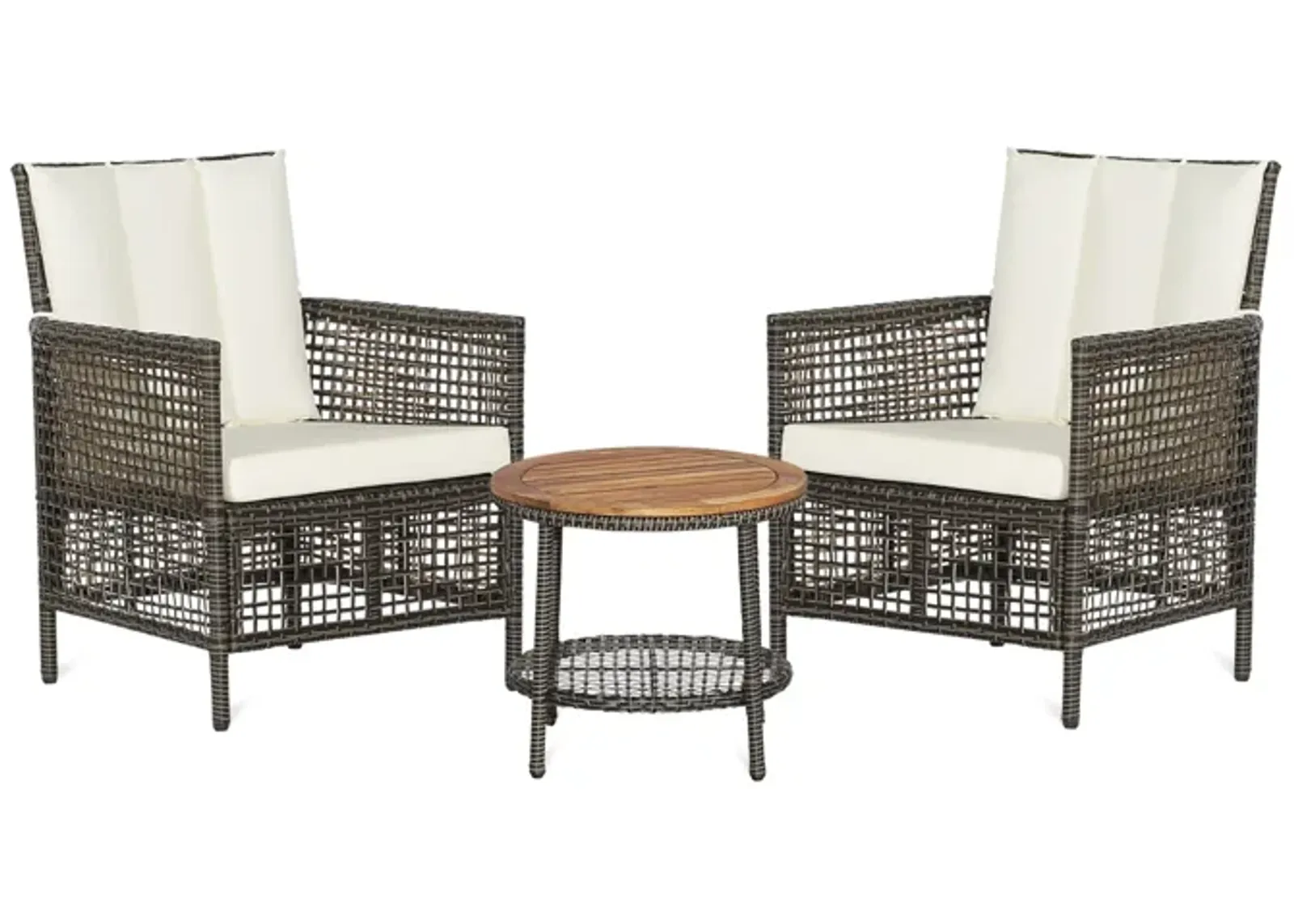 3 Pieces Patio Rattan Furniture Set with Cushioned Sofas and Wood Table Top-White