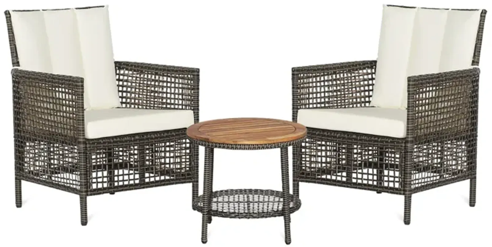 3 Pieces Patio Rattan Furniture Set with Cushioned Sofas and Wood Table Top-White