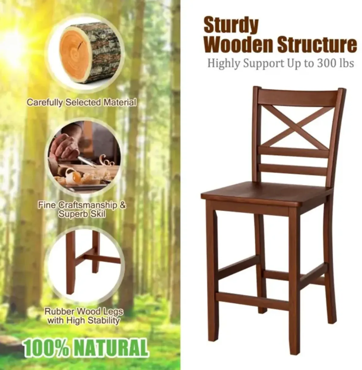 Hivvago Set of 2 Bar Stools 25 Inch Counter Height Chairs with Rubber Wood Legs