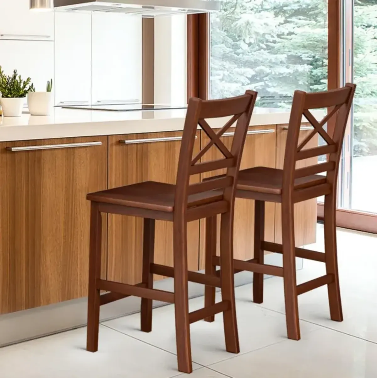 Hivvago Set of 2 Bar Stools 25 Inch Counter Height Chairs with Rubber Wood Legs