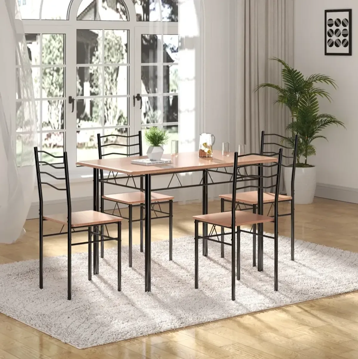 5 Pieces Wood Metal Dining Table Set with 4 Chairs