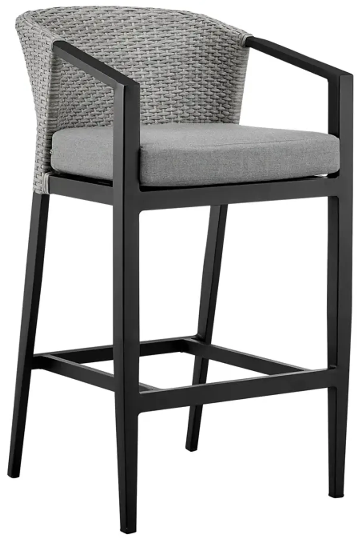 Palma Outdoor Patio Counter Height Bar Stool in Aluminum and Wicker with Grey Cushions
