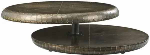 Bran Swivel Coffee Table, 39 Inch Round Two Tier Top, Bronze Metal - Benzara