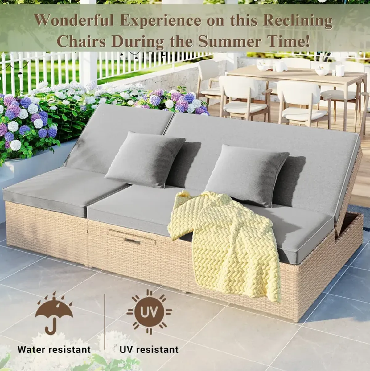 MONDAWE Outdoor Double Sunbed, Wicker Rattan Patio Reclining Chairs with Adjustable Backrest and Seat, Conversational Set