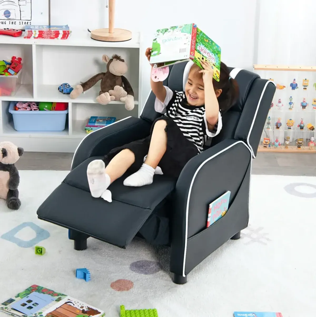 Comfortable Kids Recliner Chair with Side Pockets and Adjustable Footrest for Playtime and Relaxation