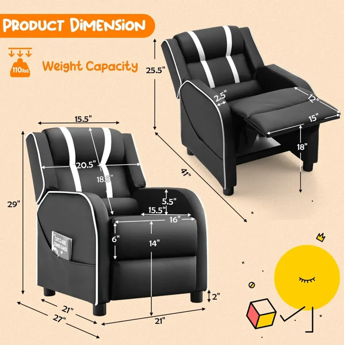 Comfortable Kids Recliner Chair with Side Pockets and Adjustable Footrest for Playtime and Relaxation