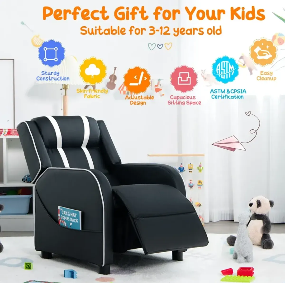 Comfortable Kids Recliner Chair with Side Pockets and Adjustable Footrest for Playtime and Relaxation